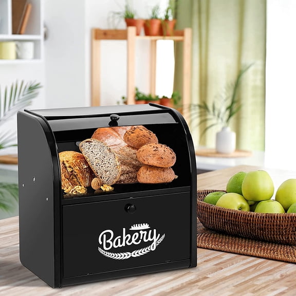 Stainless Steel Bread Box, 2 Layer Roll Top Design, Large Capacity Food Storage Container for Kitchen Counter, Metal Bread Bin Holder for Countertop 12.6 x 9.7 x 12.8 Inches (Black)