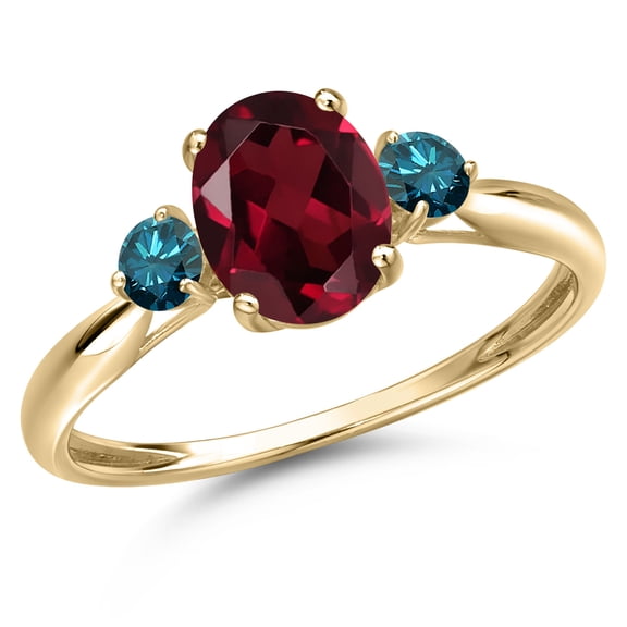Gem Stone King 10K Yellow Gold Red Rhodolite Garnet and Blue Diamond 3-Stone Ring for Women | 1.55 Cttw | Oval 8X6MM | Gemstone January Birthstone | Size 7