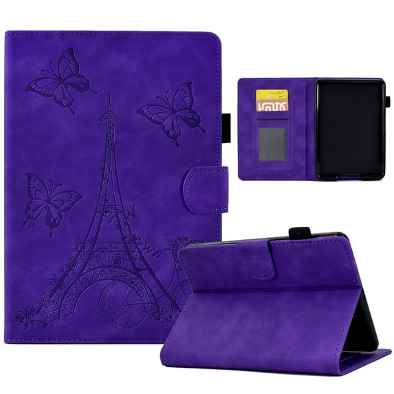 ELEHOLD Flip Leather Case for Kindle Paperwhite 4/3/2/1,Butterflies Tower Embossed Pattern Card Slots Auto Wake/Sleep Kickstand Function Multi-Functional Shockproof Slim Case,Purple
