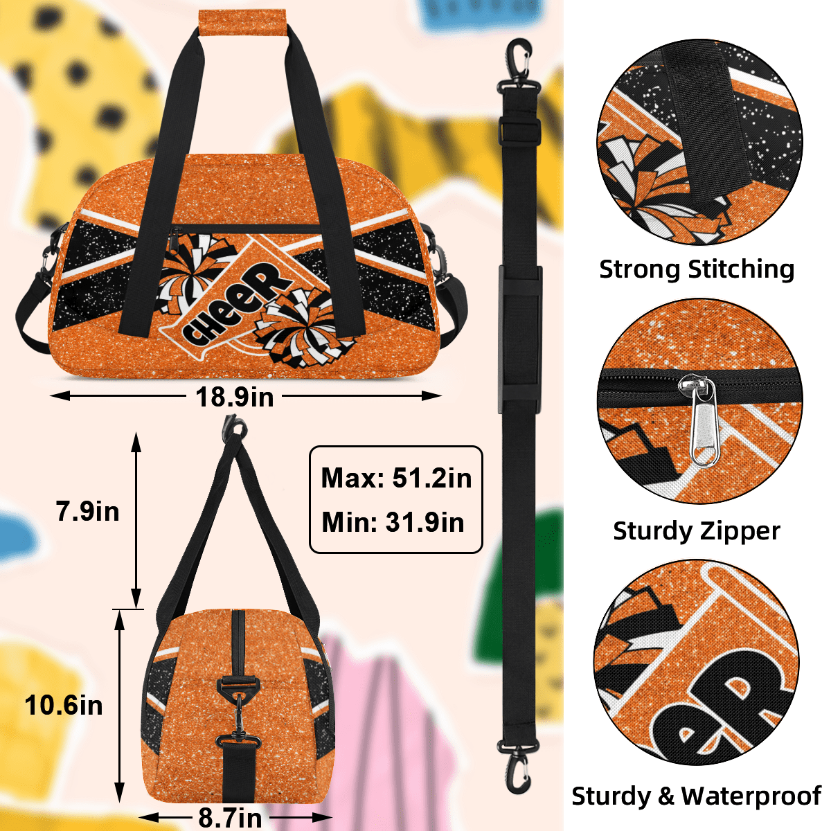 Herdesigns Cheer Bag Sports Duffle Bags Cheerleader Orange Gym Bag Weekender Travel Bag Waterproof Overnight Bag Carry On Travel Tote Bag Dance Bags