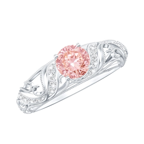 Rosec Jewels Certified Lab Grown Pink White Diamond Engagement Ring - Vintage Style Ring (1 Carat, Fancy Pink Color VVS Clarity), 925 Sterling Silver, US 4.00