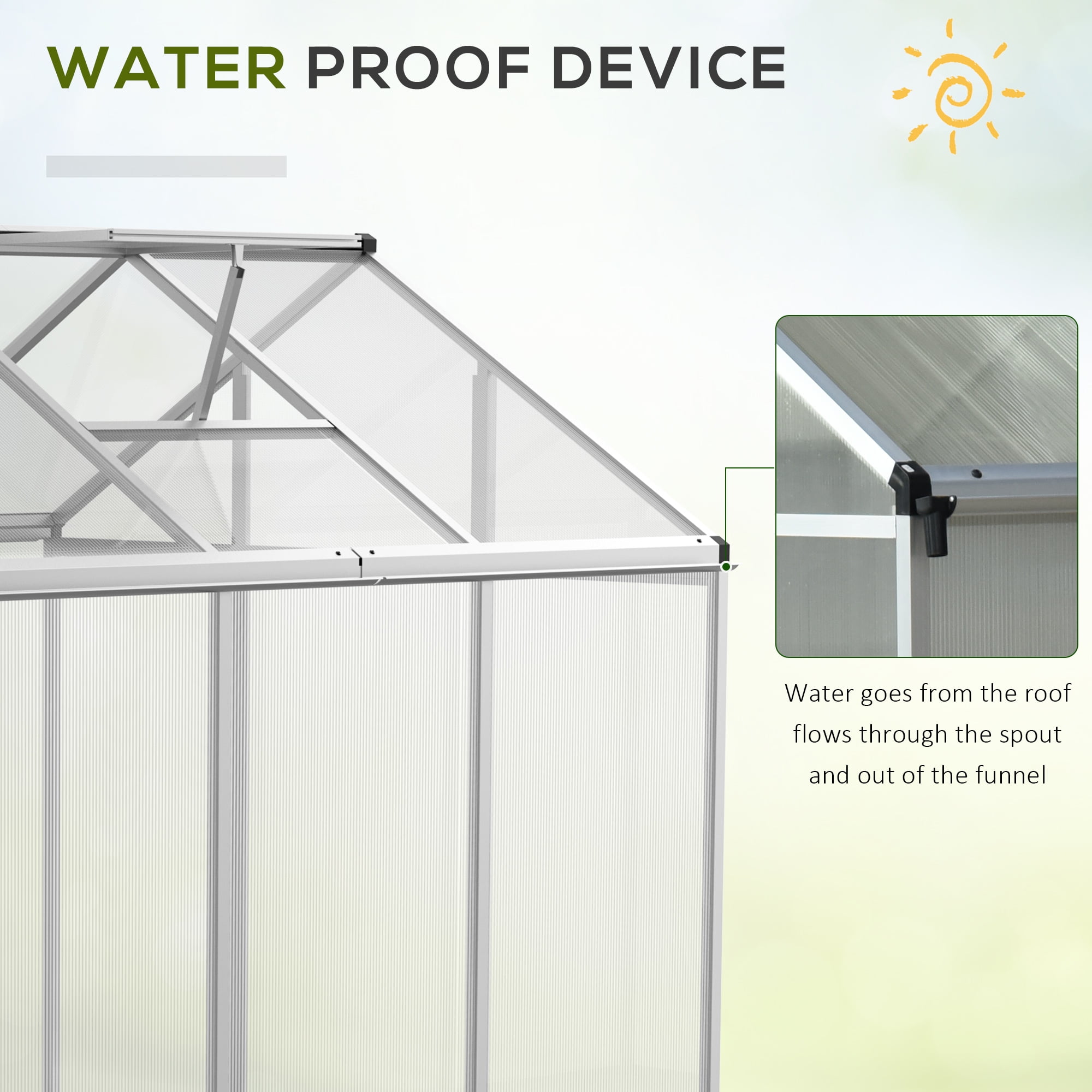 Outsunny 6' L x 6' W Walk-In Polycarbonate Greenhouse with Roof Vent for Ventilation & Rain Gutter, Hobby Greenhouse for Winter