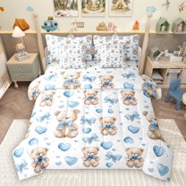 Homewish Cute Cartoon Bear 7 Pieces Bedding Comforter Set,Kawaii Bowtie Loves Full Bedding Set,White Blue Brown Fitted Sheet Flat Sheet For Girls Kids,Super Cozy Room Decor Reversible