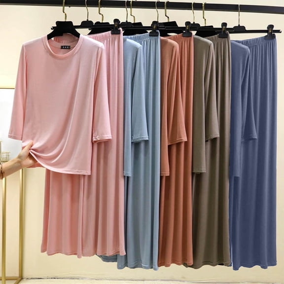 Wlynlyn Womens Pajamas Sets Plus Size Long Sleeve Shirts Wide Leg Pants 2 Piece Loose Solid Color Comfy Pjs Outfits