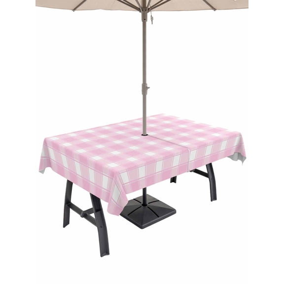 Outdoor Tablecloth with Umbrella Hole for Patio/Picnic/Party/Camping, Pink Checkered Waterproof Table Cloth Rectangle Table Cover Washable, Farmhouse Plaid Buffalo Elegant (60"x 102")