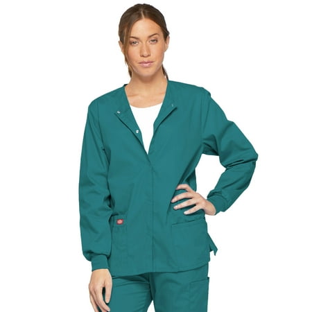 

Dickies EDS Signature Medical Scrubs Warm Up Jacket for Women Snap Front 86306 XL Teal Blue