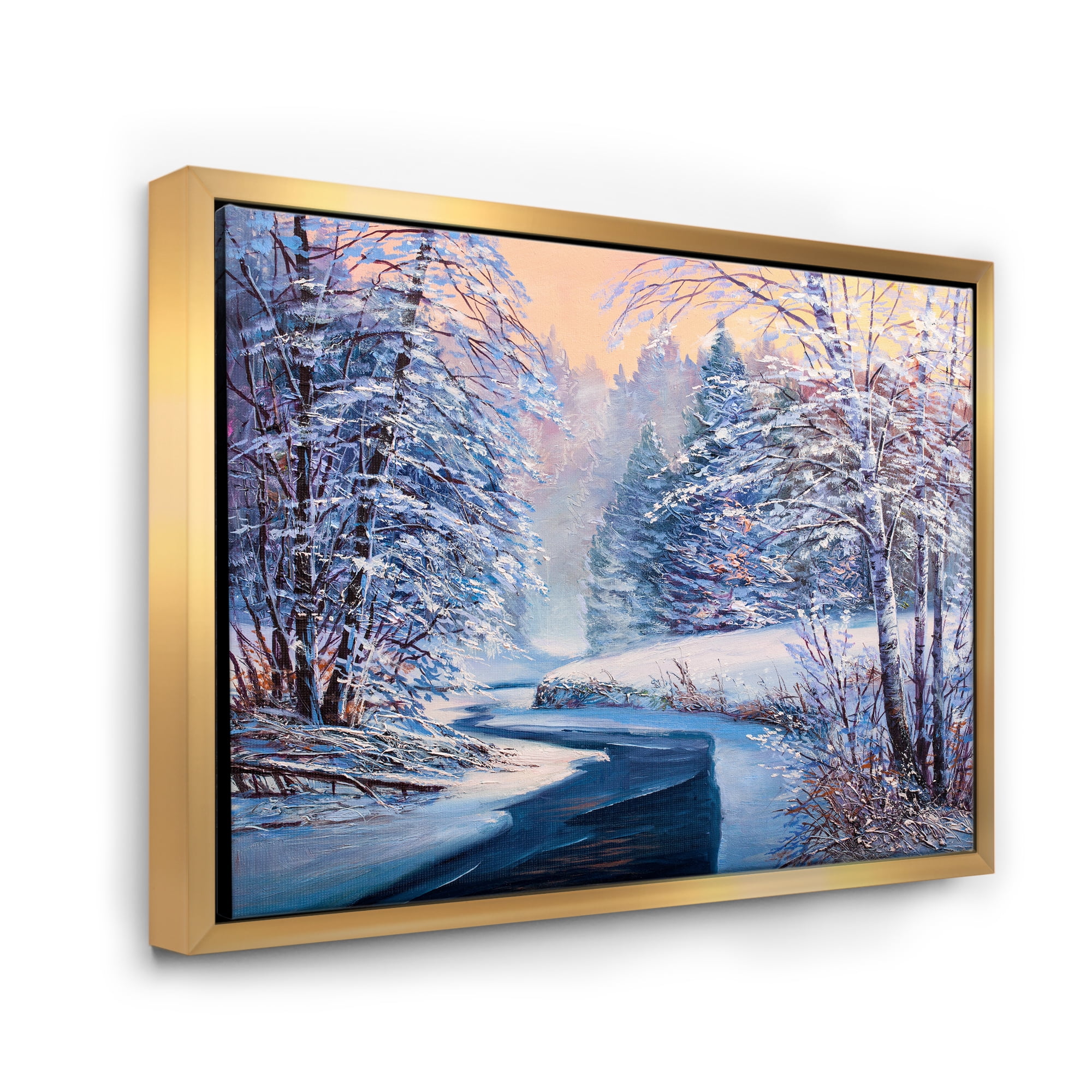 Pastel Winter Forest With River 40 in x 30 in Framed Photography Canvas Art Print, by Designart