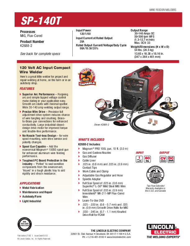 Lincoln Electric MIG Welder, SP-140T, Single-Phase, 120V AC SP-140T