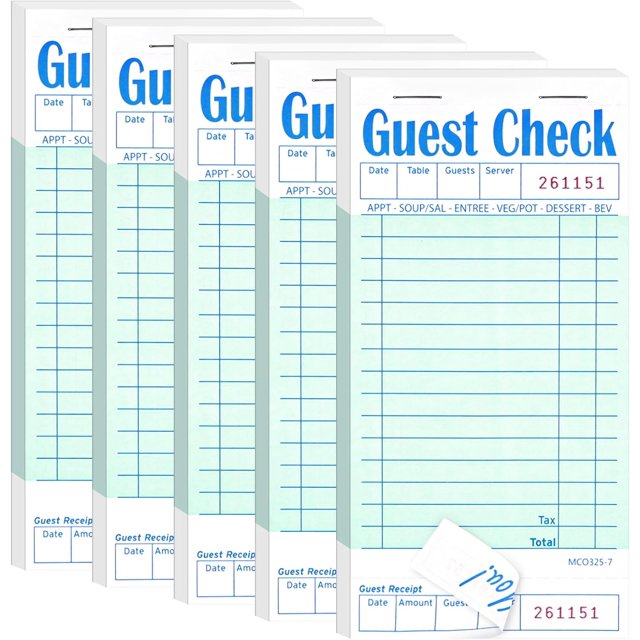 5 Pack Guest Check Books, Server Note Pads for Restaurant, Green Waiter Checkbook, Waitress Notepad, Food Receipt Book, Restaurant Order Pad 50 Sheets/Pack, 250 Total Tickets