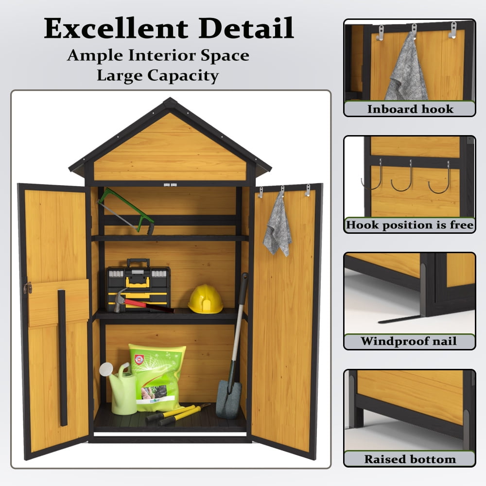 Outdoor Weatherproof Storage Cabinet: Durable Wood Garden Tool Shed with a Waterproof Roof, Lockable Doors, Removable Shelves, Foldable Table, and Hooks (69 Inches). Ideal for Yard and Patio Use