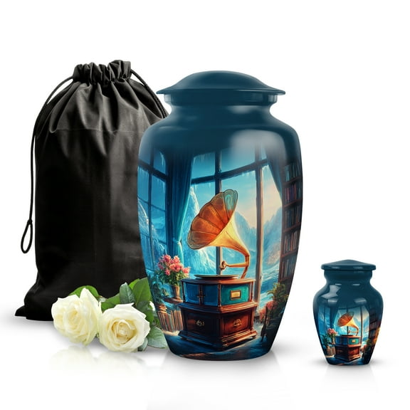 SABURIAL Gramophone Urn - Funeral Tribute Urn For Adult Male & Female - Memorial Keepsake Urns For Burial - Small Urns For Ashes For Women - Combo - 10 Inch Large & 3 Inch