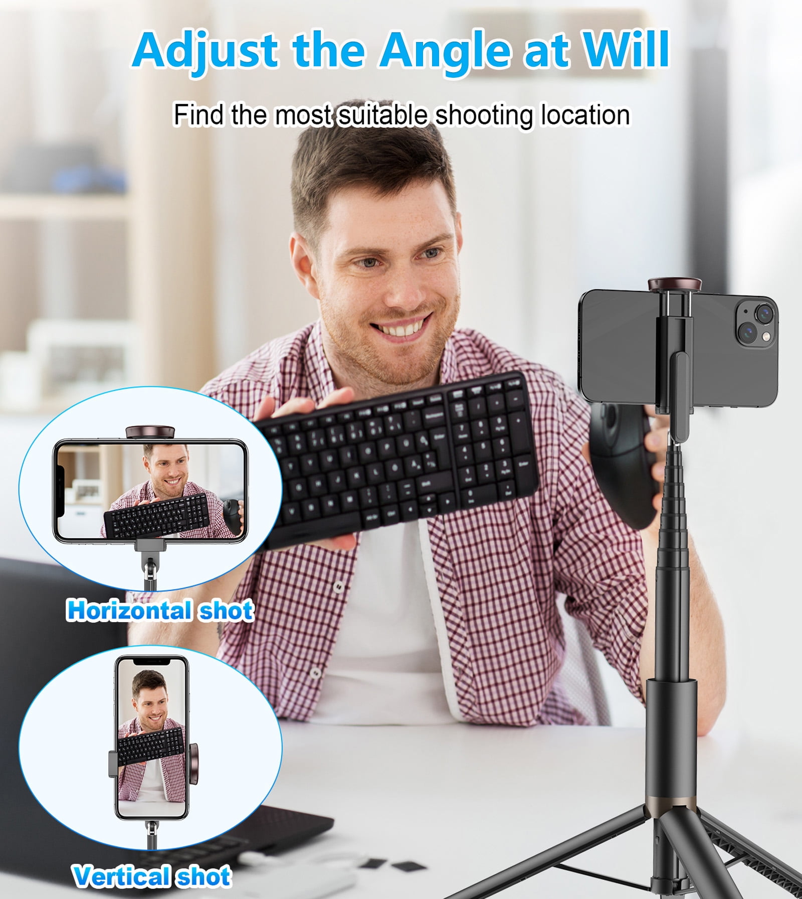 TONEOF 67" Phone Selfie Stick Tripod Stand All-in-1Portable with Integrated Wireless Remote for iPhone/Android(Black)