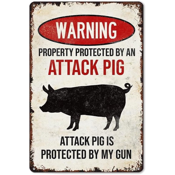 Vintage Metal Tin Sign Protected by Attack Pig Funny Aluminum Retro Poster 8x12 Inch for Living Room Bathroom Kitchen Bedroom Patio Wall Decor