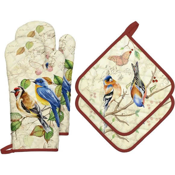 czcpp-Vintage Bird Oven Mitts and Pot Holders Sets 4Pcs, 100% Cotton Heat Resistant, Extra Long Oven Gloves Potholder for Kitchen Cooking Baking Decoration