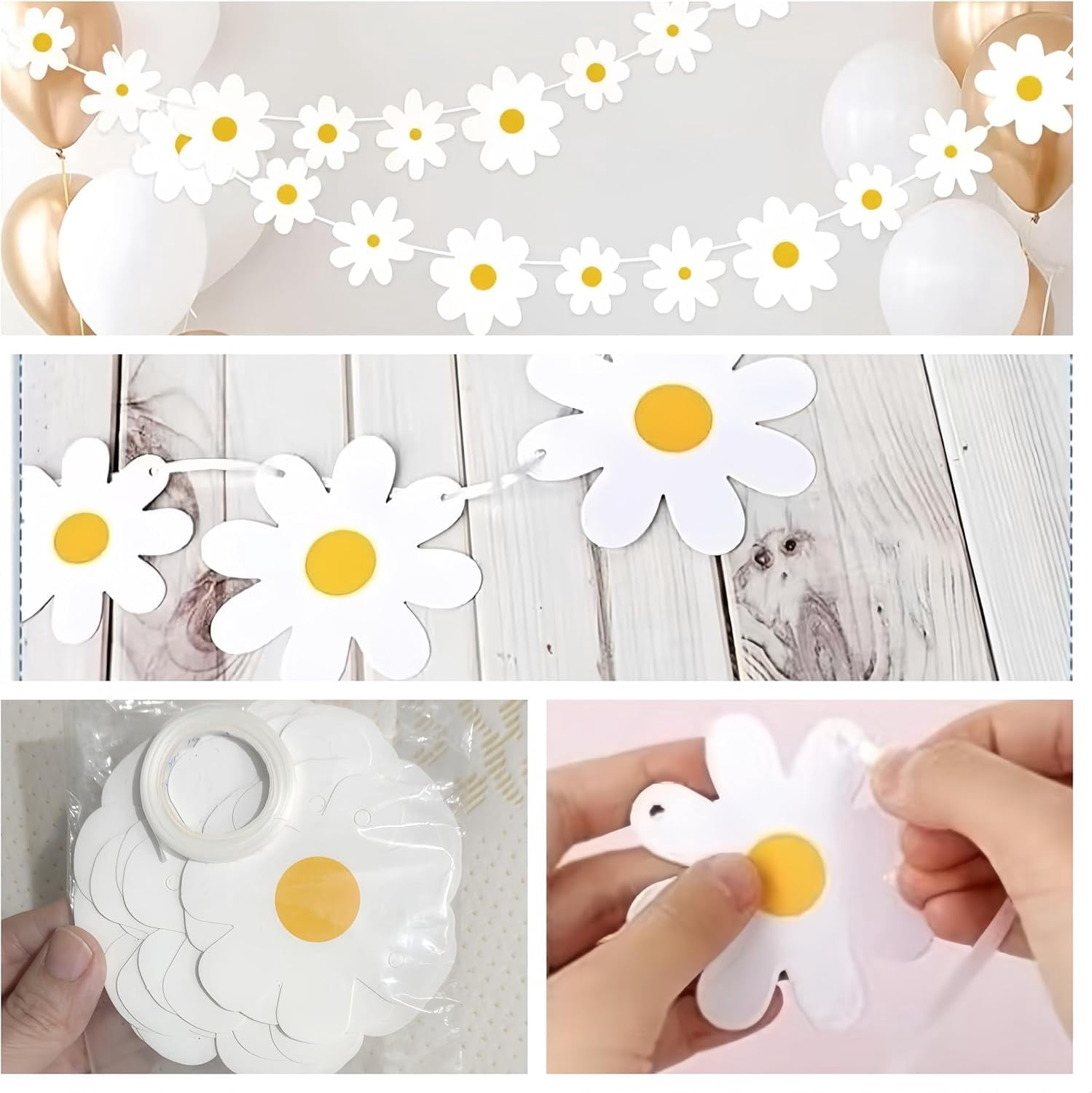 4 Packs Daisy Banner Garland Groovy Hippie Boho Birthday Decor Party Decoration Spring Flower Hanging Paper Cutouts for Girl Supplies