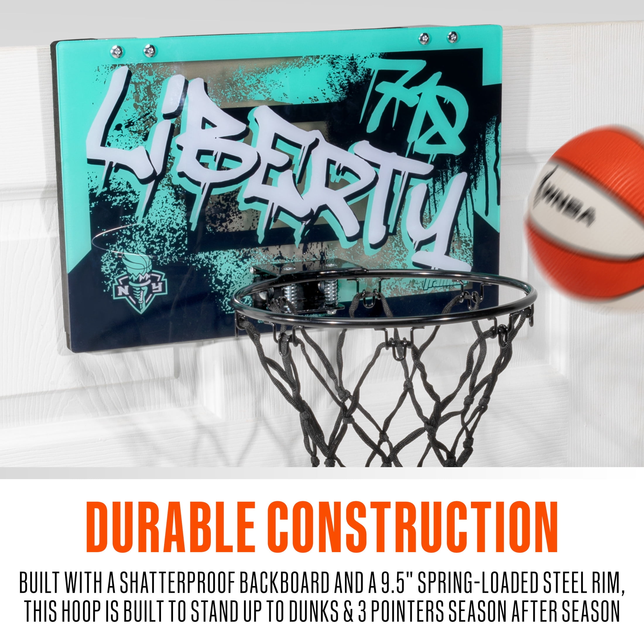 Franklin Sports WNBA New York Liberty Over the Door Basketball Hoop - Kids Indoor Basketball Hoop with Mini Ball - WNBA Fan Shop Mini Hoop for Bedroom + Office