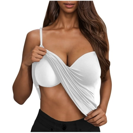 Women Plunge Deep V Neck Tanks with Build In Bra Spaghetti Straps Camis Sleeveless Tshirt Pure Color Camisole Trendy Casual Tank Top Summer Homewear