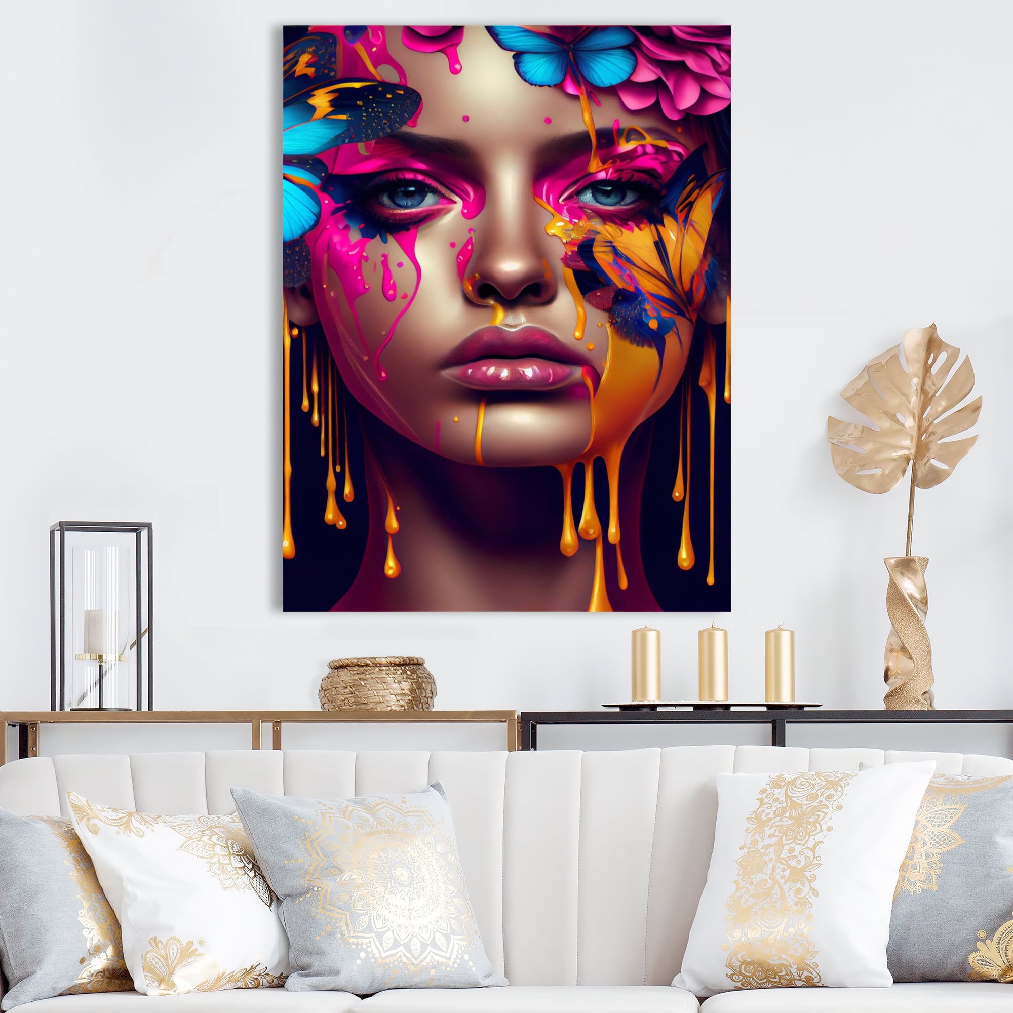 Designart Sensual Woman With Colorful Butterfly V Canvas Wall Art
