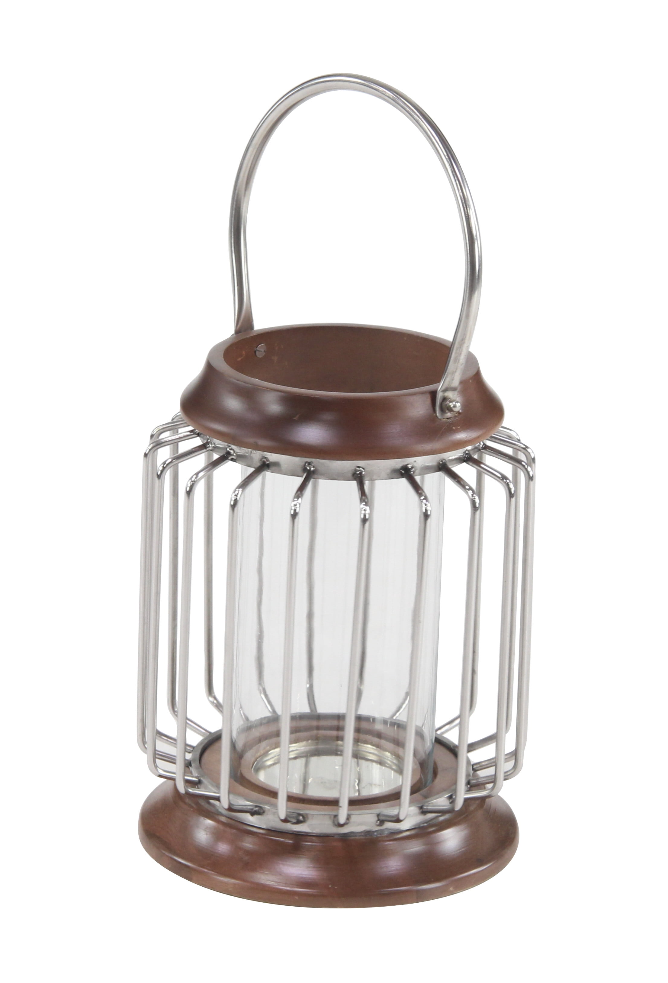 Decmode - Large Wood & Metal Bar Hanging Lantern with Handle & Hurricane Glass Candle Holder, 9” x 11”