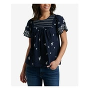 LUCKY BRAND Womens Navy Embroidered Floral Short Sleeve Jewel Neck Top Petites XS\TP