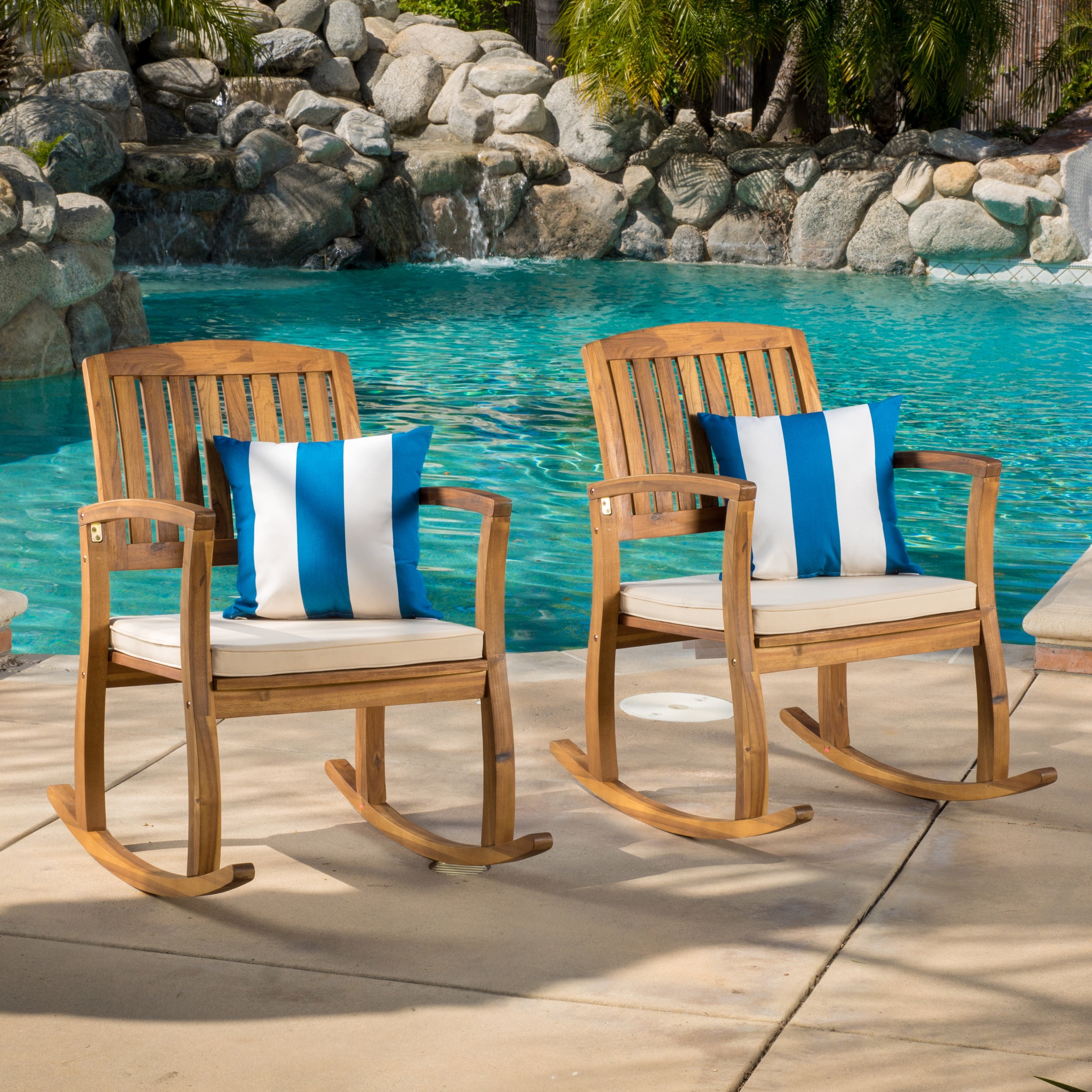 Dewitt Outdoor Acacia Rocking Chair with Cushion, Set of 2, Teak Finish ...