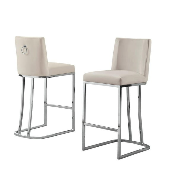 Velvet Counter Height Chairs in Beige Cream Velvet and Silver Chrome (Set of 2)