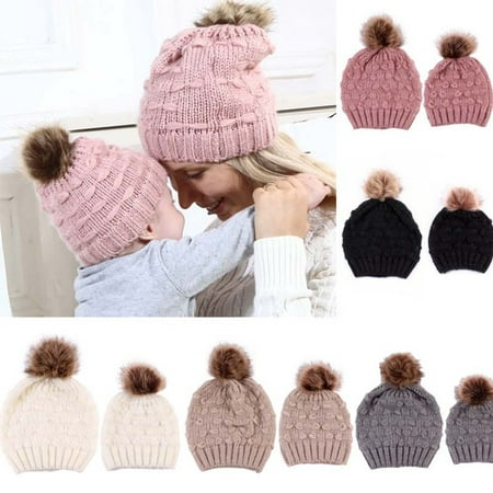 2PC Mom Kids Knitted Wool Hat Baby Winter Warm Cap Pompom Bobble Beanie