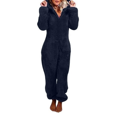 

Sherpa Jumpsuit for Women Fuzzy Fleece Onesies Pajamas Winter Warm Hooded Rompers Zipper Sleepwear Long Sleeve Loungewear