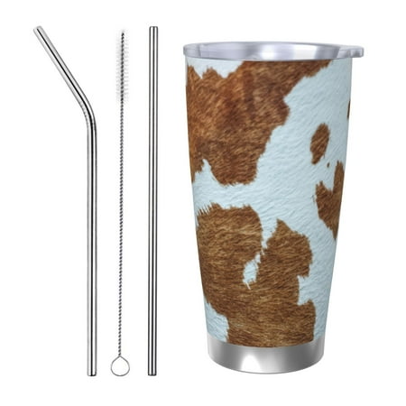 

20oz Straw Three-Piece Set Car Cup For The Coffee Shop Office Car Sports Home Easy To Carry Out Brown Spotted Cow Hide