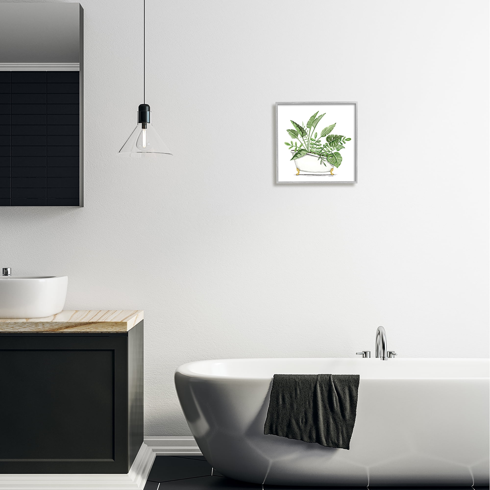 Stupell Tropical Monstera Plants Vintage Tub Typography Painting Gray Framed Art Print Wall Art