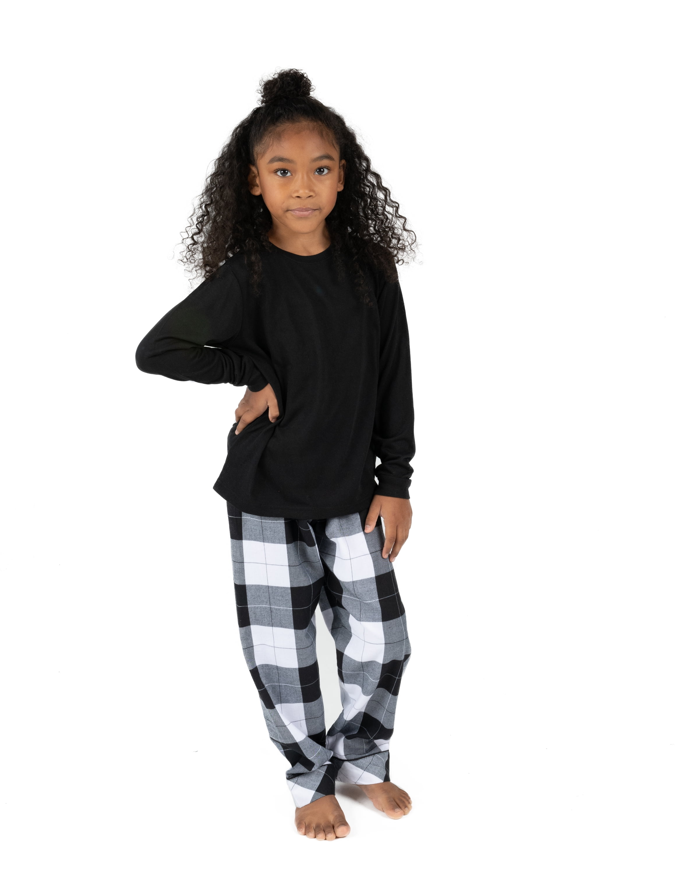 Leveret Kids Pajamas Poly Top & Flannel Pants Black Plaid 4 Years 