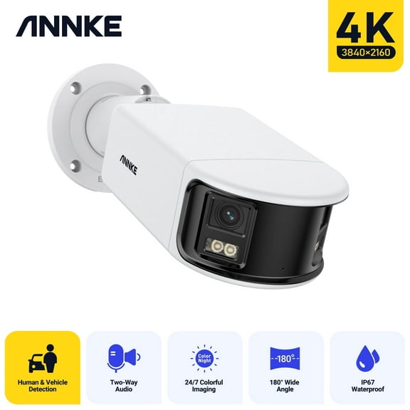 ANNKE 4K PoE Security Camera System, Dual Lens Outdoor IP Camera, 180 Degree Viewing Angle, Human Vehicle Detection, Color Night Vision, Two Way Talk, Outdoor Panoramic Dual Lens Security Camera