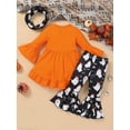 thumbnail image 3 of Toddler Baby Girls Halloween Outfits Ghost Print Flare Sleeve Dress Shirt Bell-Bottoms Pants Scarf 3Pcs Fall Clothes, 3 of 8