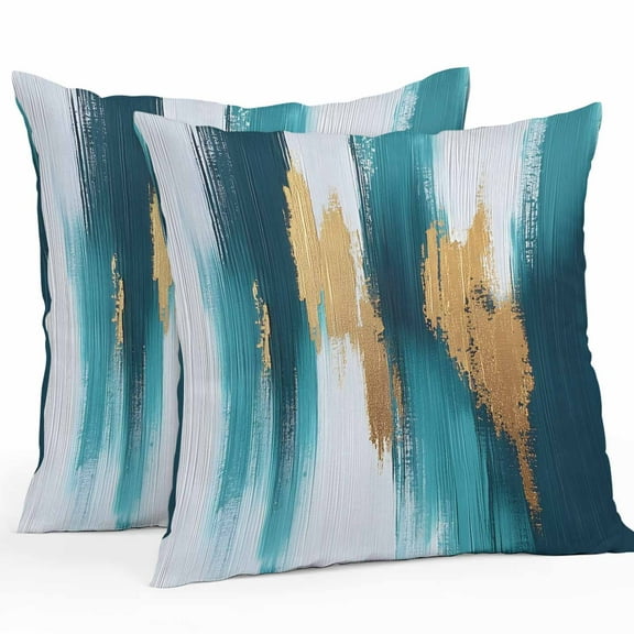 Waterproof Throw Pillow Covers Set of 2, 24x24 Inch Abstract Teal Gold Decorative Pillowcases Outdoor Pillow Slip Cushion Covers Set for Couch Tent Green White Wall Art Textured