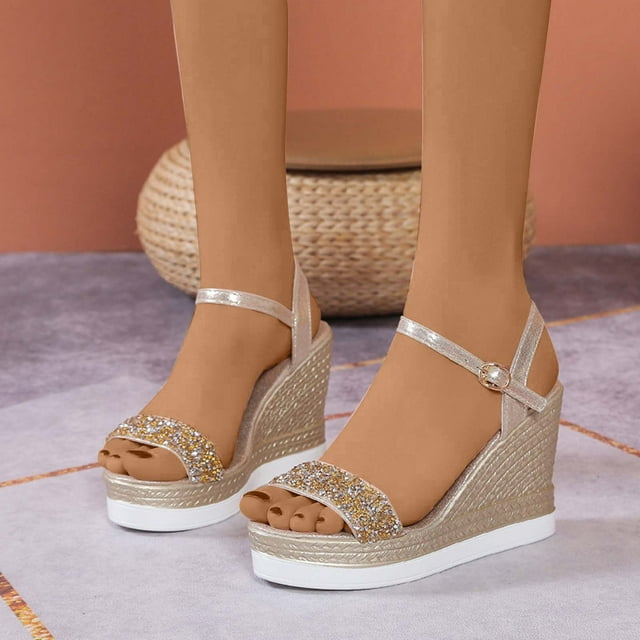 Mefallenssiah Chaussures Décontractées à Bout Ouvert pour Femmes Sandales Compensées Confortables avec Strass