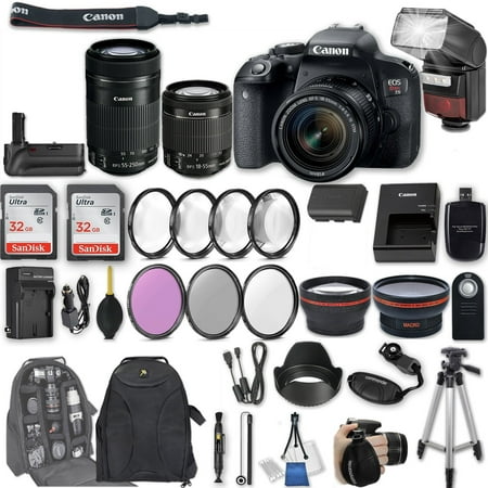 Canon EOS Rebel T7i DSLR Camera with EF-S 18-55mm f/4-5.6 IS STM Lens + EF-S 55-250mm f/4-5.6 IS STM Lens + 2Pcs 32GB Sandisk SD Memory + Automatic Flash + Battery Grip + Filter & Macro Kits + (Best Lens For Canon Eos 30d)