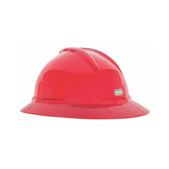 MSA 10168437 V-Gard 500 Full-Brim Hard Hat With 6-Point Fas-Trac III Suspension à Cliquet Coque en Polyéthylène, Protection Supérieure contre les Chocs, Sangles de Couronne Auto-Ajustables - Taille Standard en Rouge