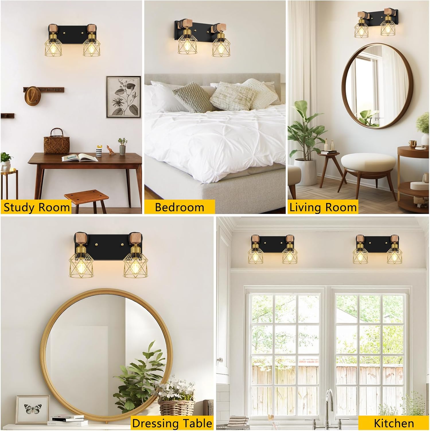 Wood Bathroom Wall Sconces 2-Light Black Gold Bathroom Vanity Light Fixtures with Metal Shade Light Fixtures Wall Mount for Living Room, Hallway, Dressing Table