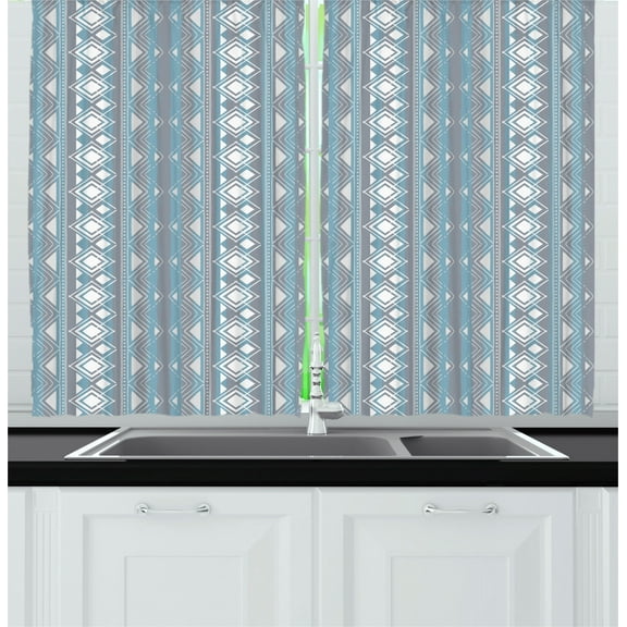 Ambesonne Moroccan Kitchen Curtains, Geometric Border Dots, 55"x39", White Pale Blue and Grey