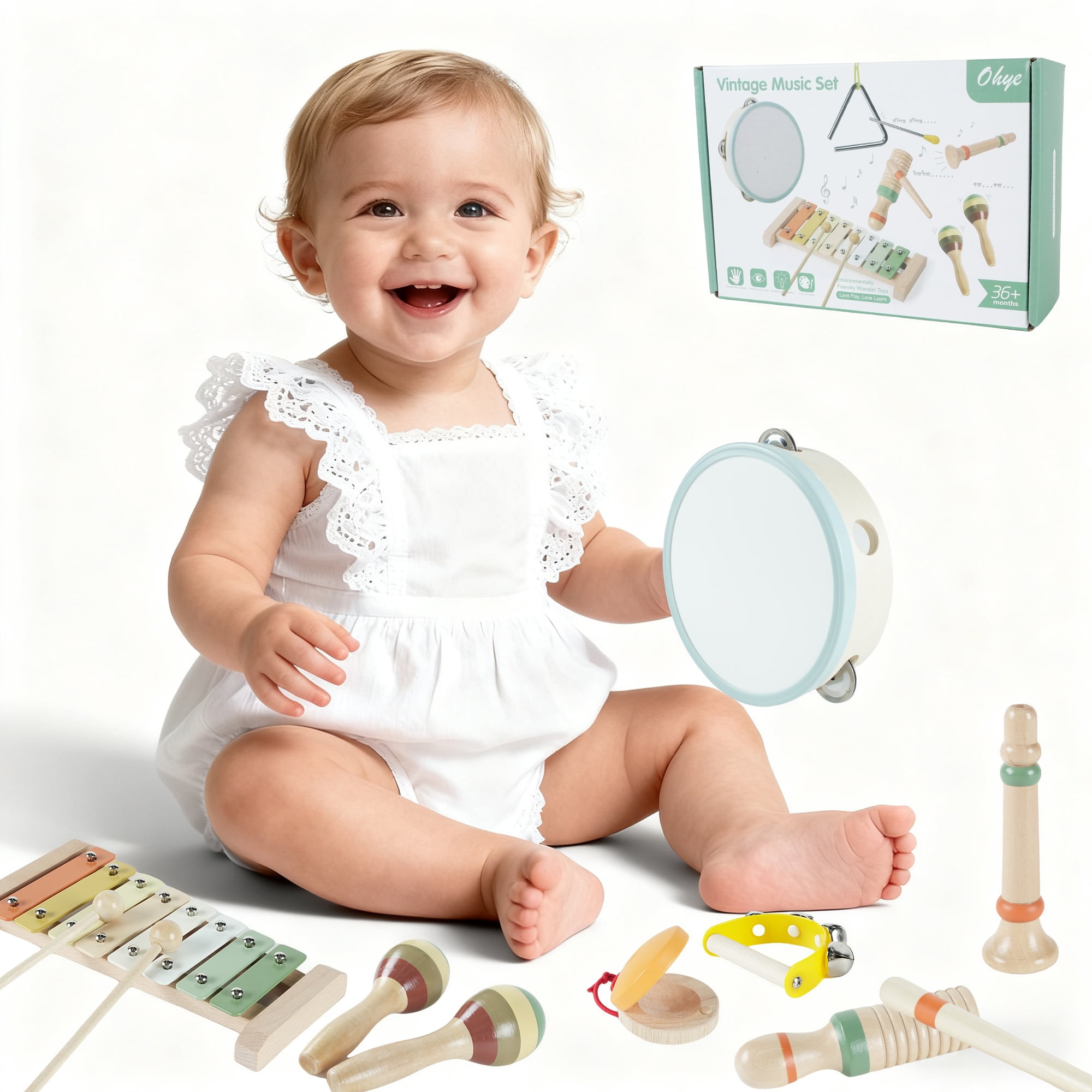 JBeeCtrl Toddler Musical Instruments Set Wooden Montessori Toys for Toddlers 1-3 Year Old Girls Boys Neutral Colors Percussion Instruments Set for Kids Preschool Educational Birthday Gifts