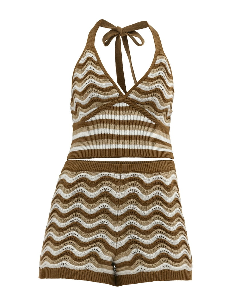 Y2K Crochet Two Piece Set - Tie Up Halter Top & Hollow Out Shorts Beachwear