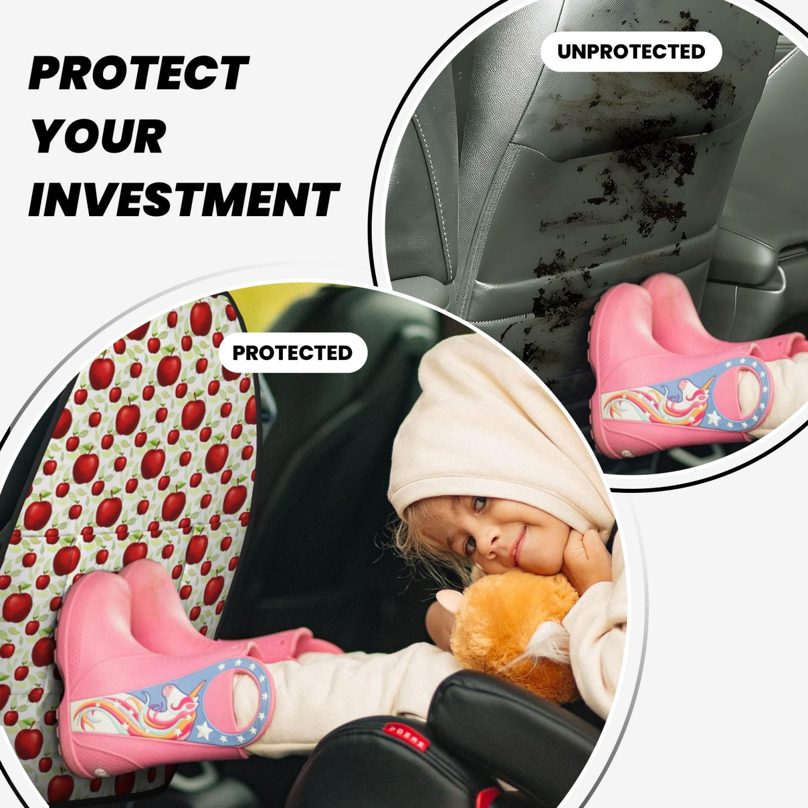 Xecao Fruit Apples Pattern Car Seat Back Protector 2 Pack Large Capacity Pocket, Kick Mats Back Seat Protector