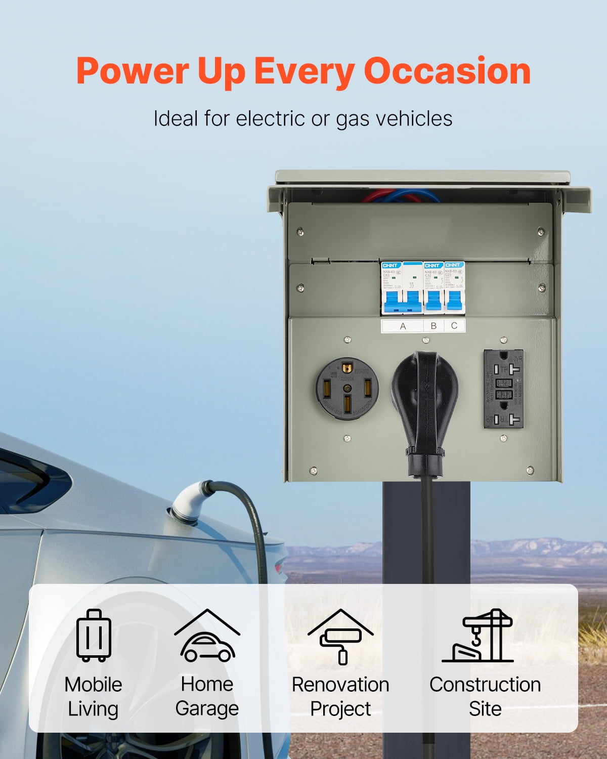 VEVOR Temporary Power Outlet Panel,20 30 50 Amp, RV EV Electrical Outlet Panel, with NEMA 50 Amp NEMA 30 Amp GFCI 20 Amp Receptacle Installed, Pre-Wired IP54 Weatherproof Box,for RV Camper Motorhome