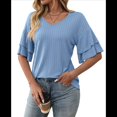 thumbnail image 1 of Tops Elegantes de Cuello en V para Mujer, de Doble Capa, con Mangas Acampanadas y Volantes de 3/4, Color Azul , Talla XXL, 1 of 8