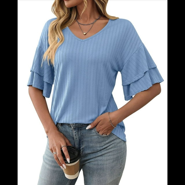 Womens V-Neck Tops Dressy Double Layer Bell Sleeve 3/4 Length Ruffle Sleeve T Shirts S