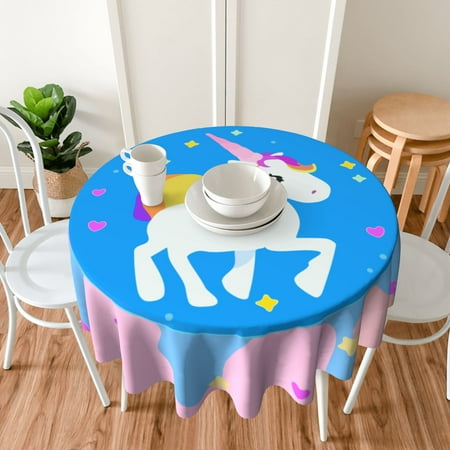 TEQUAN 60" Round Tablecloth, Cute Cartoon Sparkle Stars Unicorn Pattern Washable Polyester Table Cloth, Waterproof Wrinkle Resistant Decorative Table Cover