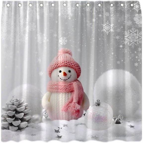 Rdsfhsp Winter Christmas Pink Snowman Xmas Ball Pine Cone Snowflake  Polyester Shower Curtain 72x72