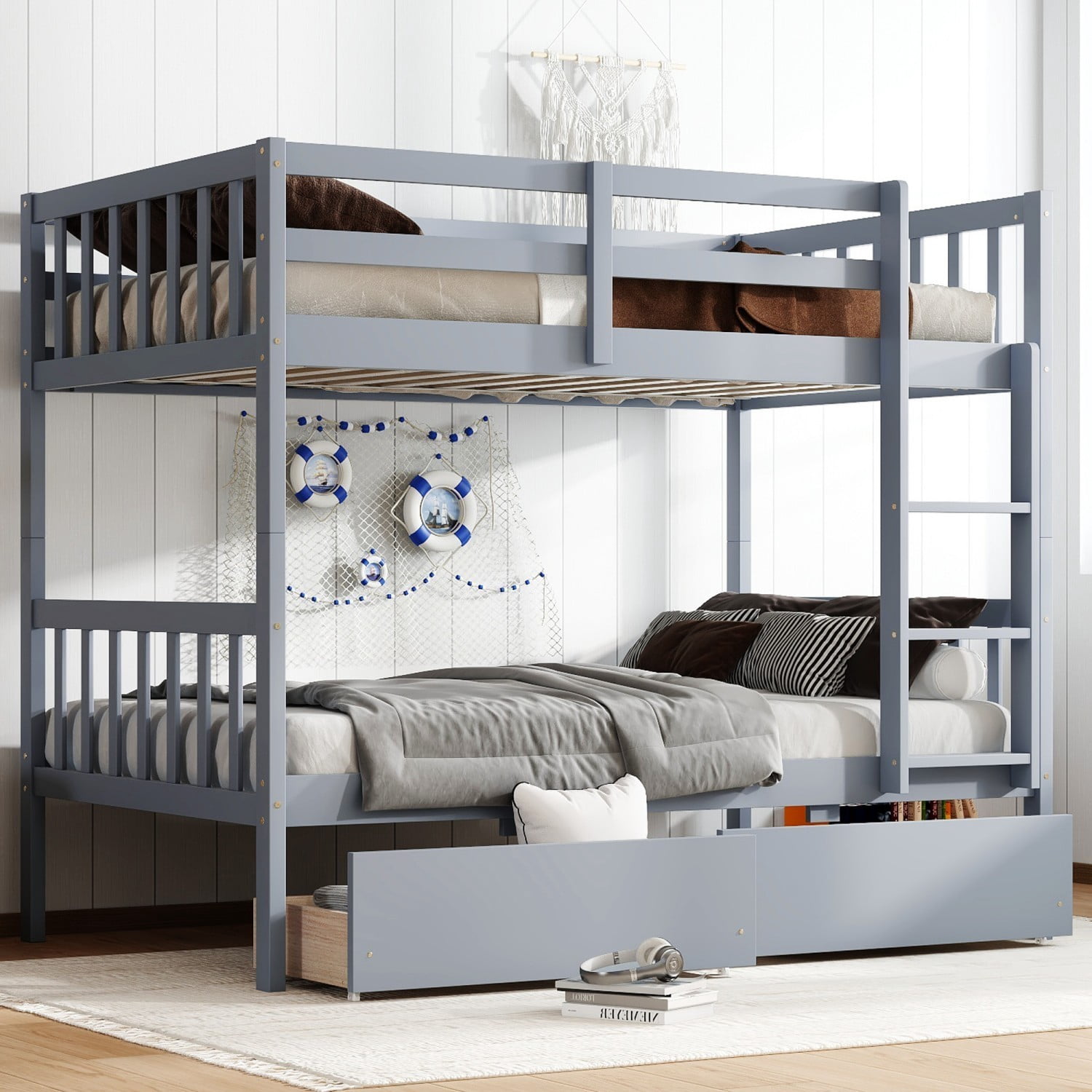 Twin Over Twin Rubber Wood Bunk Bed with Storage Drawers, Convertible Wood Bunk Bed Frame with Safety Guardrails and Ladder, Space Saving Kids Bed for Bedroom, Grey