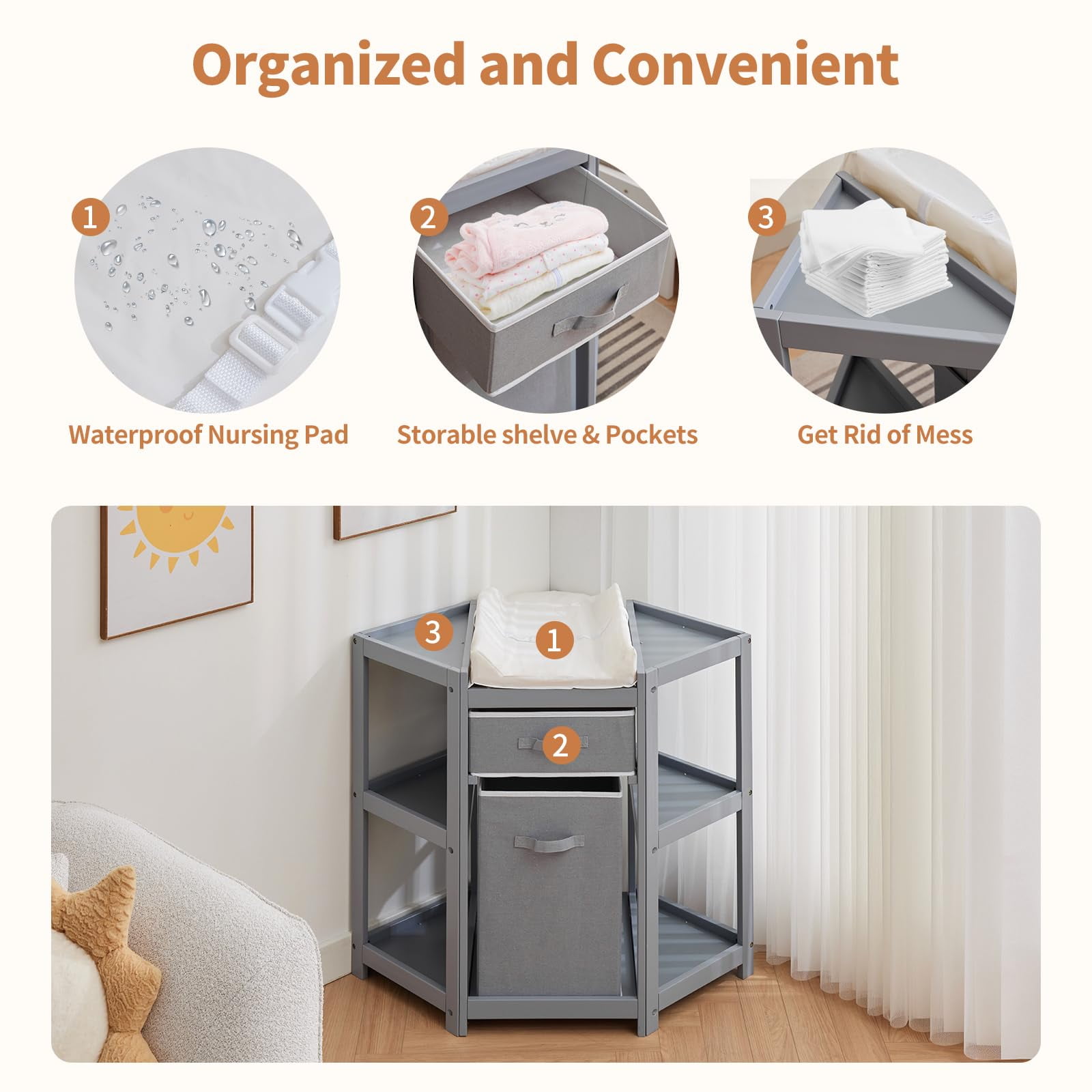 Garvee Corner Diaper Changing Table, Baby Diaper Changing Station with Storage Drawer and Laundry Hamper, Multi-Functional Changing Table Organizer with Pad for Newborn Infant, Gray