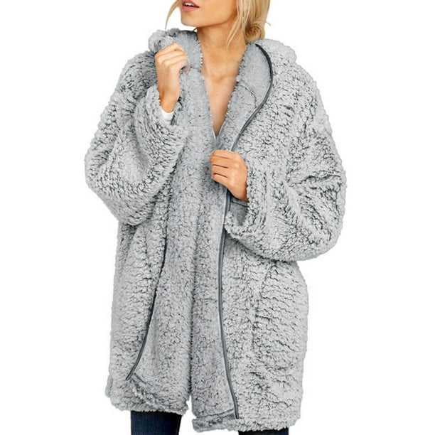 Dokotoo Women's Gray Fuzzy Fleece Open Front Long Sleeve Hooded
